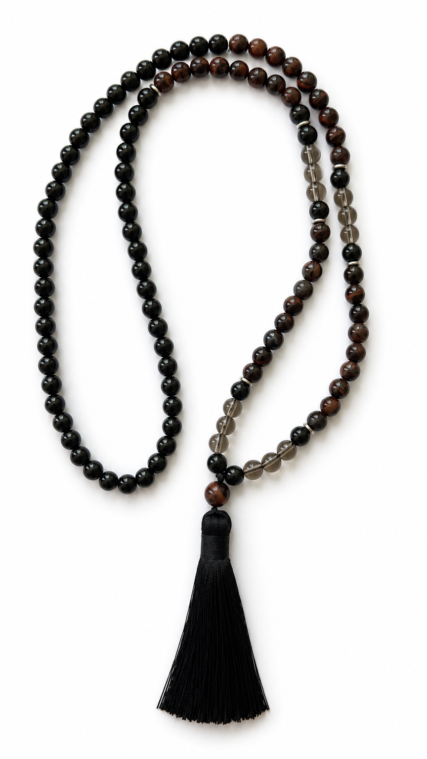 Meditacijos karoliai (Mala) | Juodasis turmalinas, dūminis kvarcas, raudonoji tigro akis