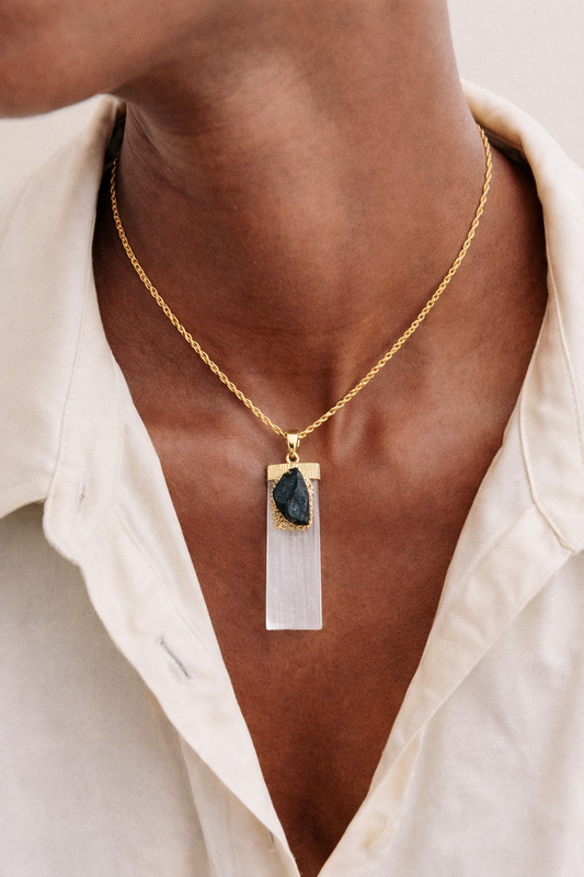 Selenito pakabukai | Tigro akis, ametistas, juodas obsidianas