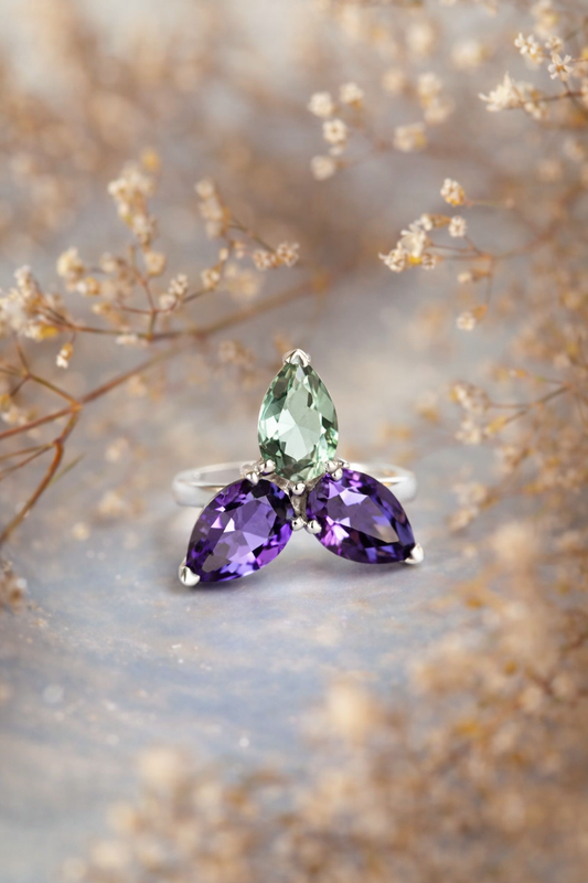 UNIKALUS sidabrinis AMETISTO IR ŽALIOJO TOPAZO žiedas