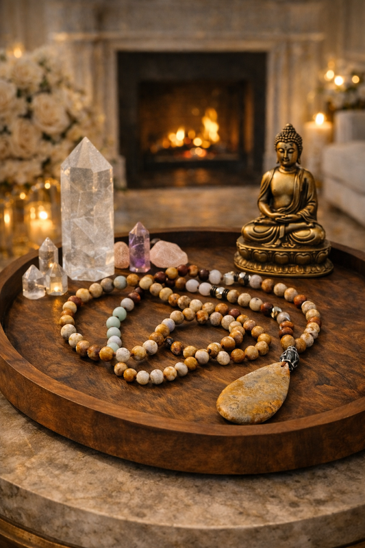 Meditacijos karoliai (Mala) | Jaspis, rožinis kvarcas, amazonitas