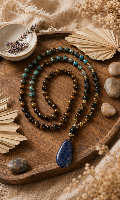 Meditacijos karoliai (Mala) | Tigro akis, apatitas, lazuritas