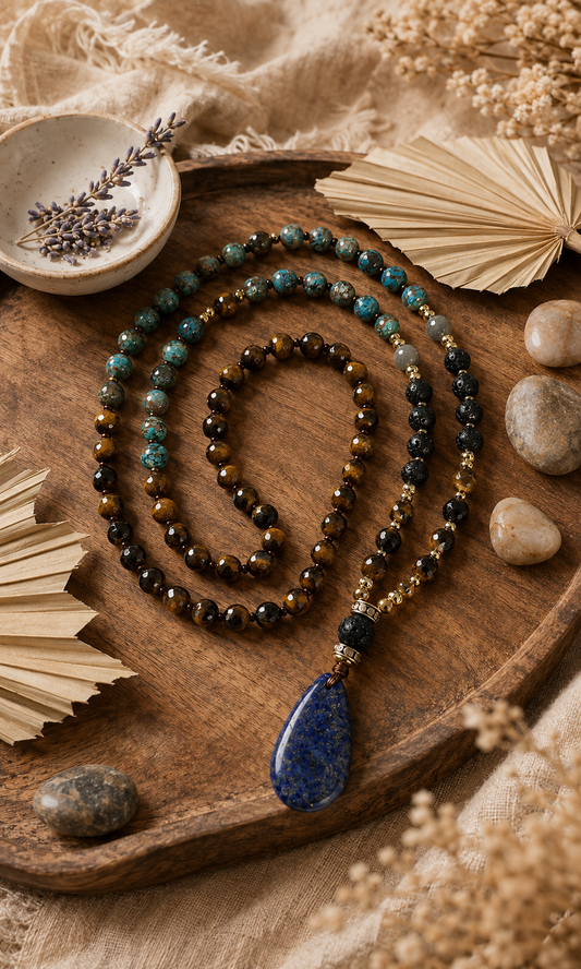 Meditacijos karoliai (Mala) | Tigro akis, apatitas, lazuritas