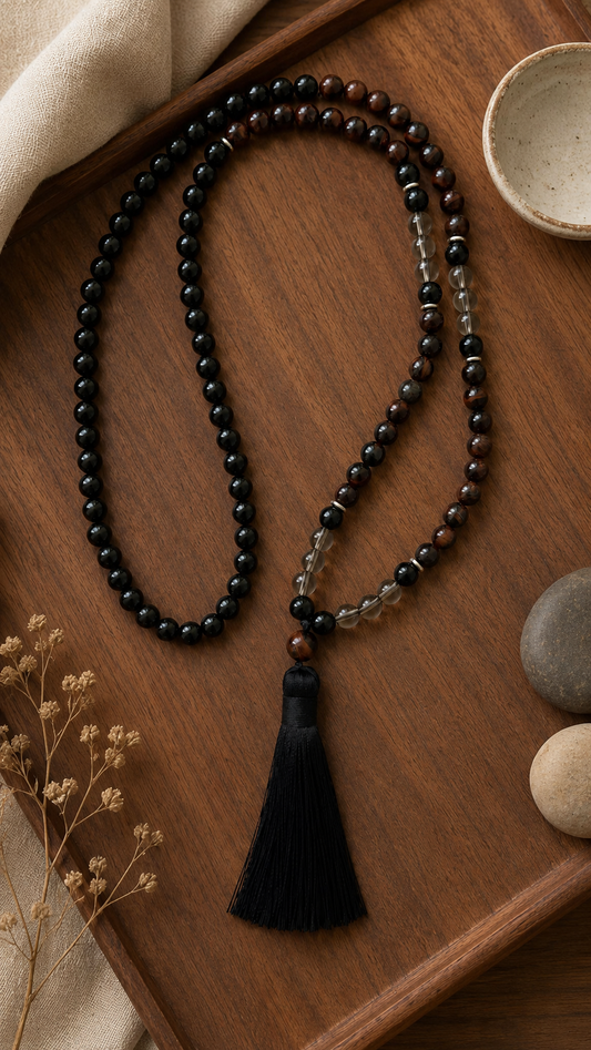 Meditacijos karoliai (Mala) | Juodasis turmalinas, dūminis kvarcas, raudonoji tigro akis
