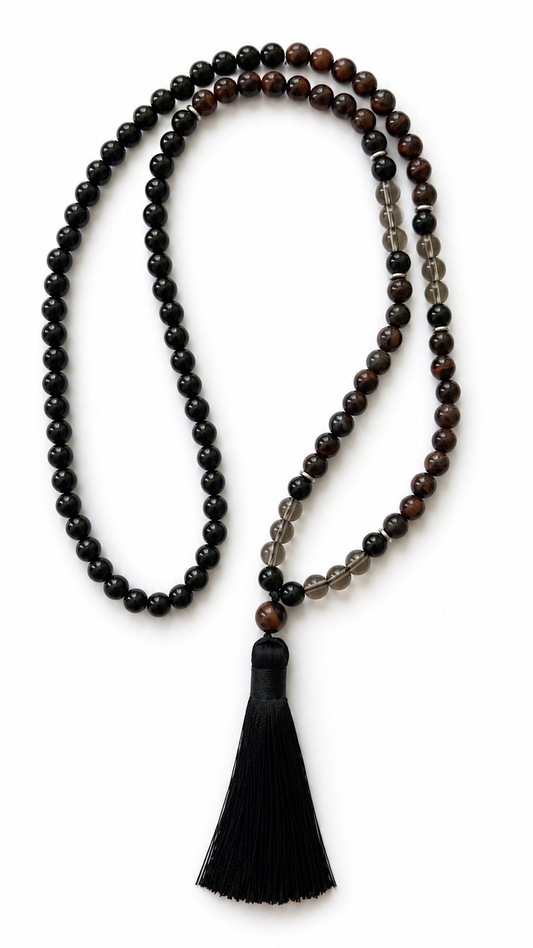 Meditacijos karoliai (Mala) | Juodasis turmalinas, dūminis kvarcas, raudonoji tigro akis