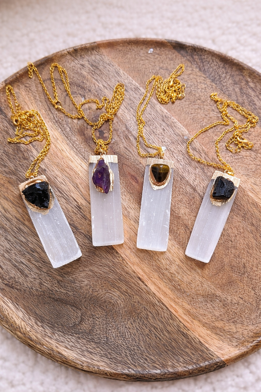 Selenito pakabukai | Tigro akis, ametistas, juodas obsidianas