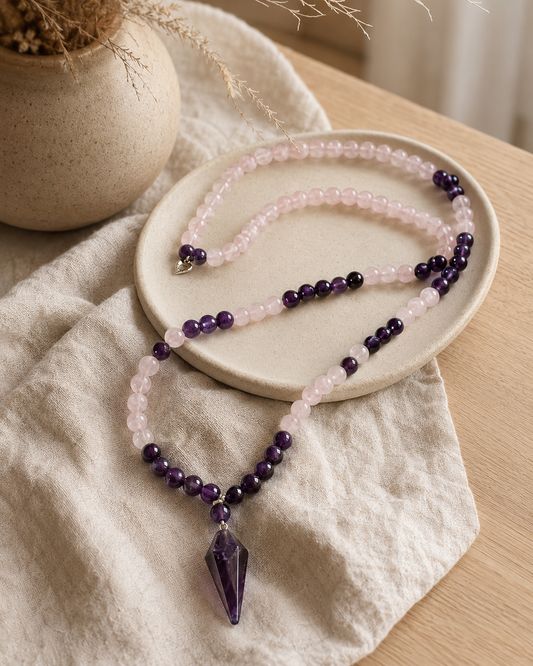 Meditacijos karoliai (Mala) | Rožinis kvarcas, ametistas