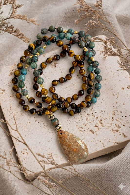 Meditacijos karoliai (Mala) | Tigro akis, apatitas,  agatas