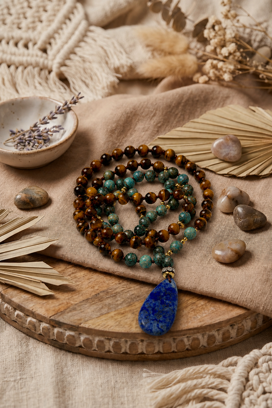 Meditacijos karoliai (Mala) | Tigro akis, apatitas, lazuritas